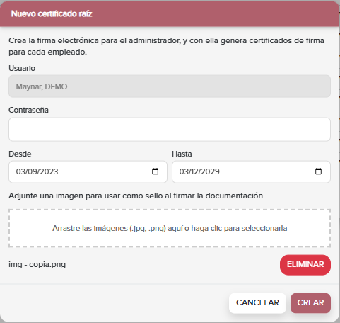 Pantalla de creación del certificado raíz