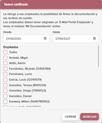 Pantalla para agregar certificados por empleado