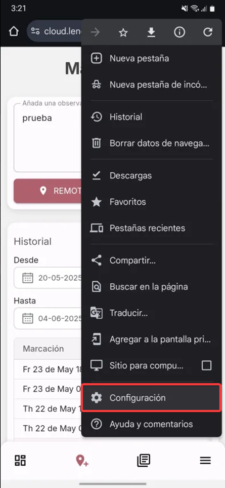 Captura: menú de configuración