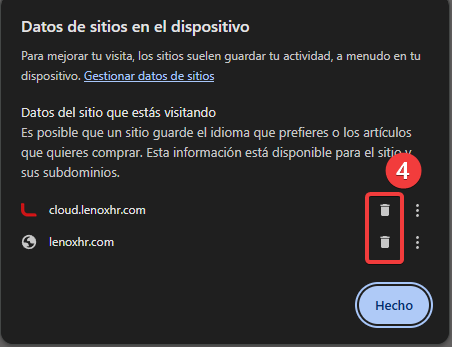 Captura: eliminar datos de sitios Lenox